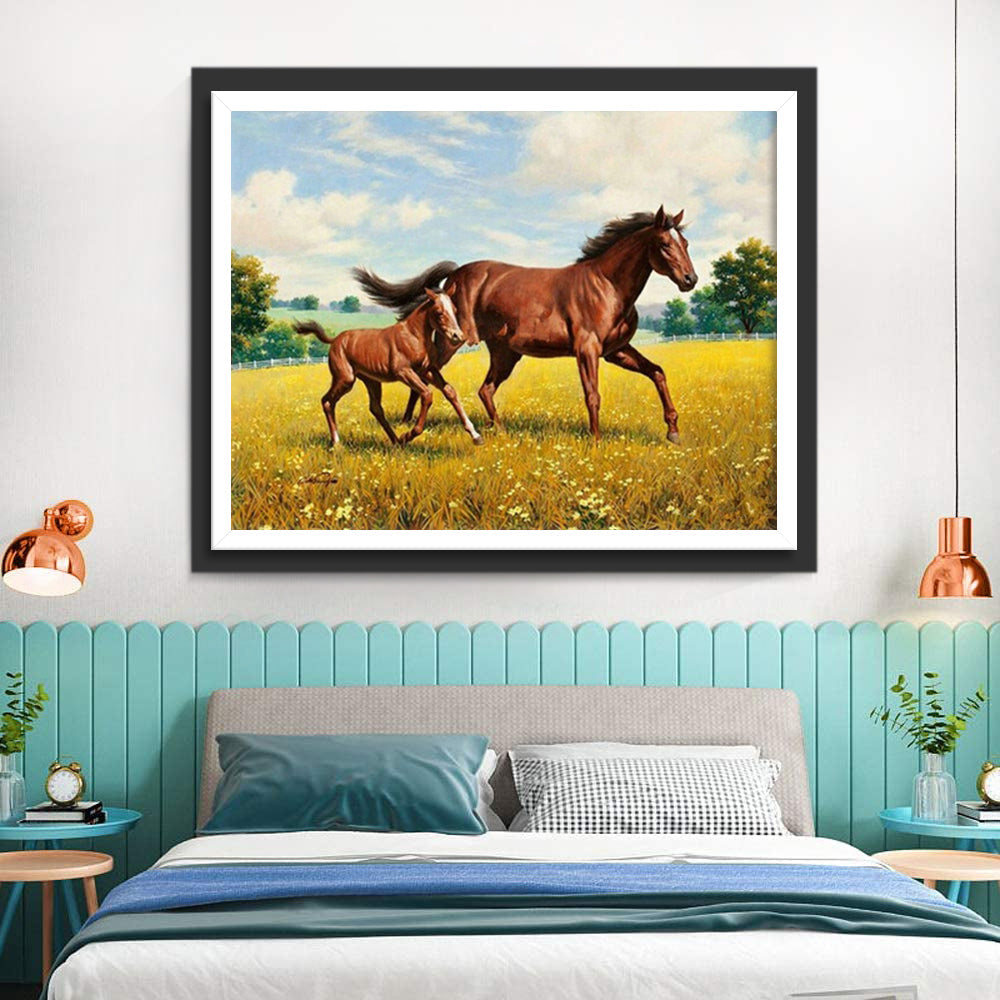 Paarden op de Gouden Bloemenweide Diamond Painting