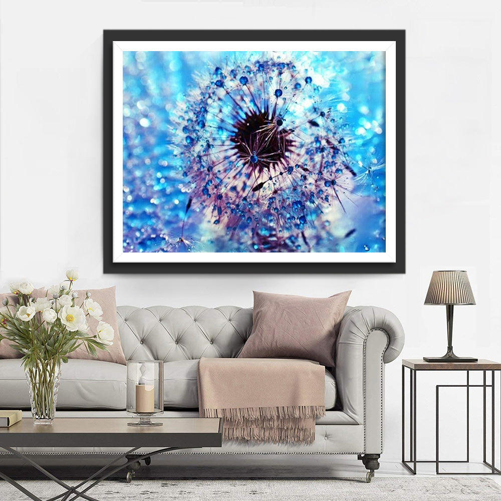 Paardenbloemen met Blauwe Waterdruppels Voor een Blauwe Droomachtergrond Diamond Painting