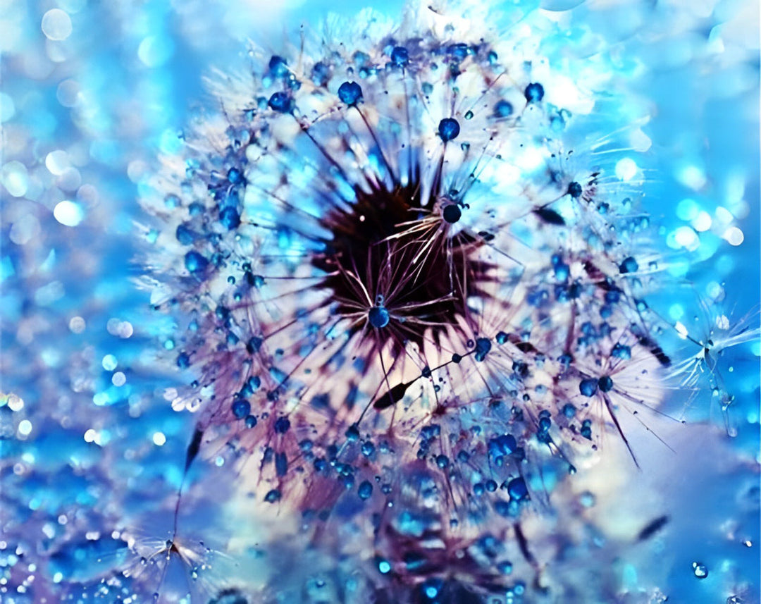 Paardenbloemen met Blauwe Waterdruppels Voor een Blauwe Droomachtergrond Diamond Painting