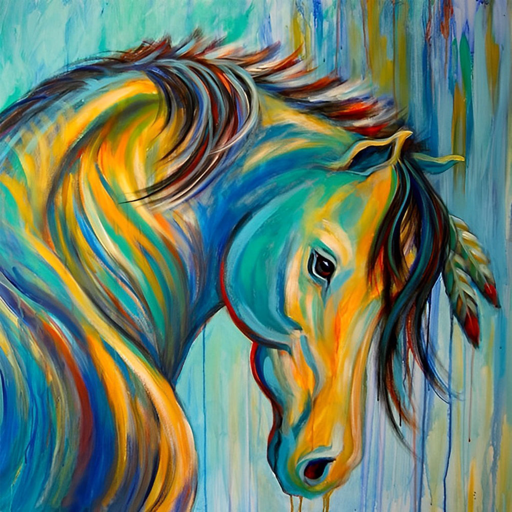 Paardenschilderij met Groene en Gele Tinten Diamond Painting
