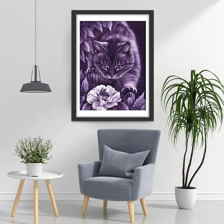 Paarse Bloem en Kat Diamond Painting