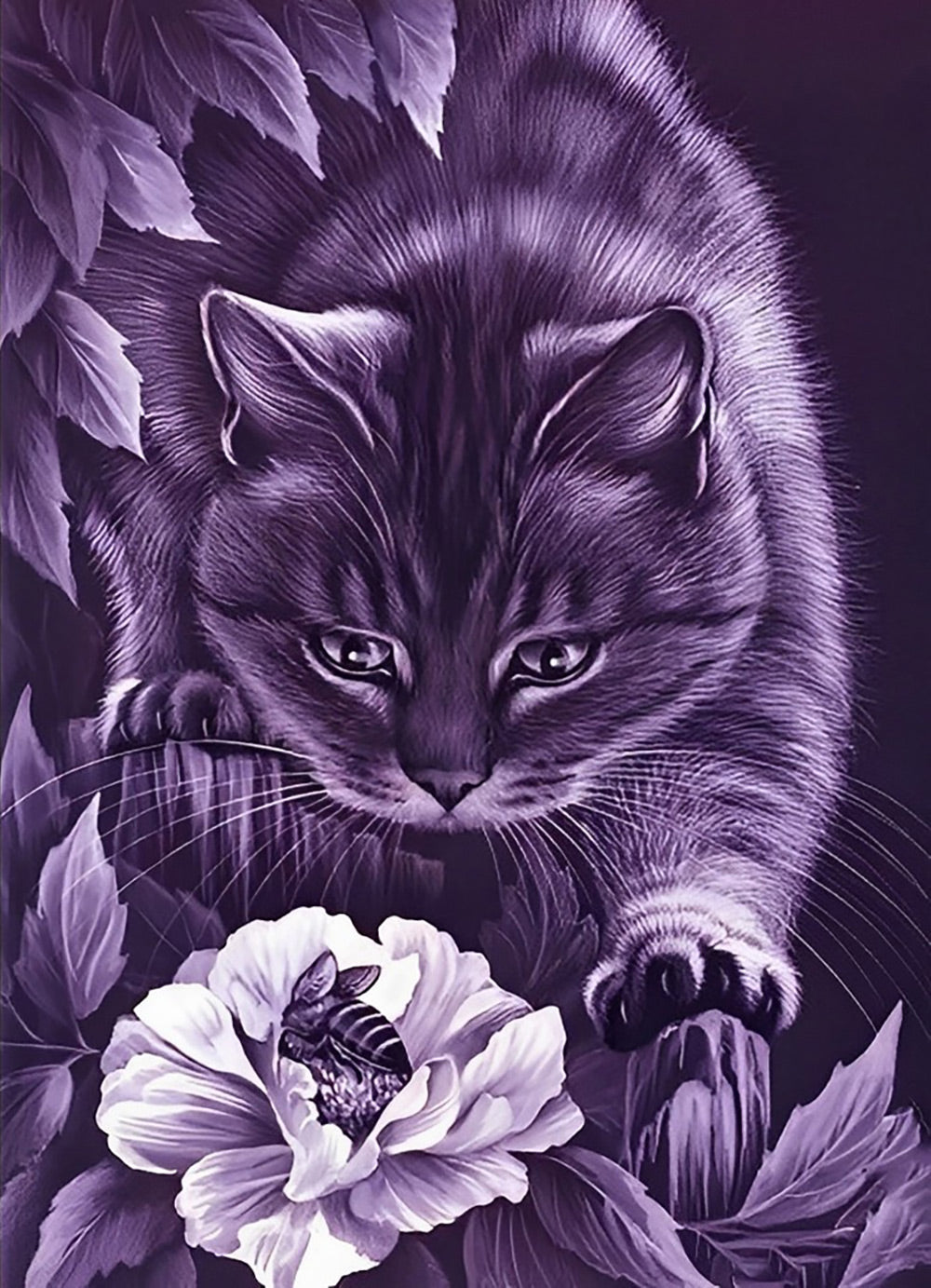 Paarse Bloem en Kat Diamond Painting
