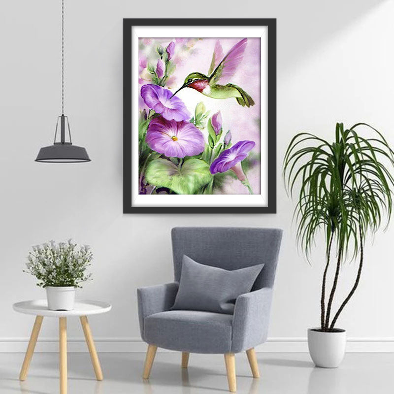 Paarse Bloem en Kleine Kolibrie Diamond Painting