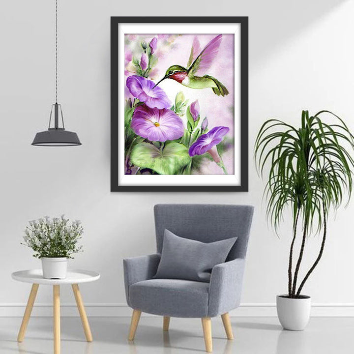 Paarse Bloem en Kleine Kolibrie Diamond Painting