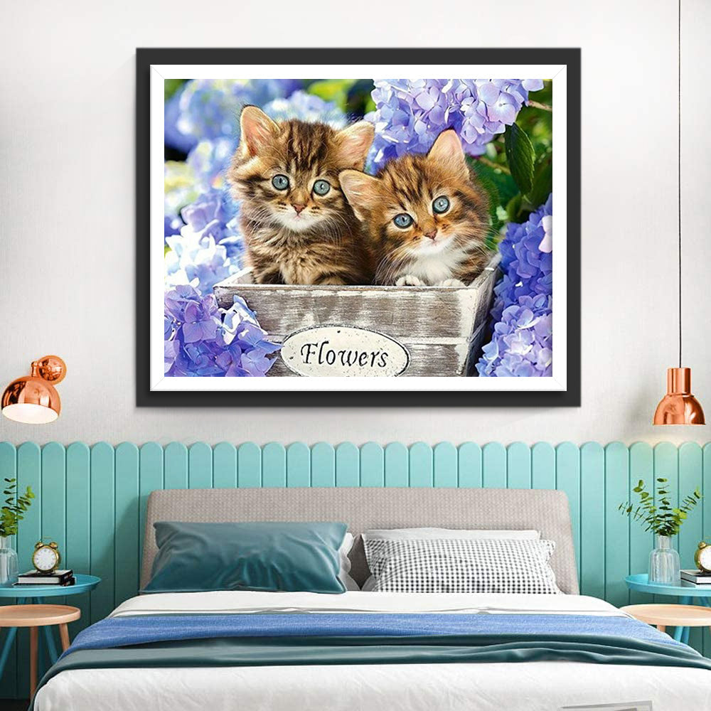 Paarse Bloem en Twee Katten Diamond Painting