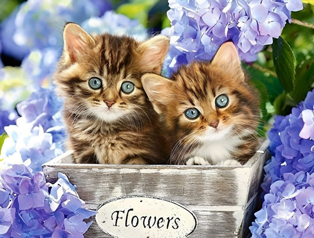 Paarse Bloem en Twee Katten Diamond Painting