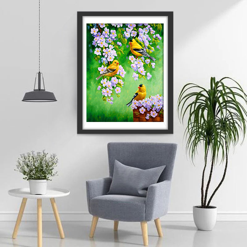 Paarse Bloemen en Drie Gele Vogels Diamond Painting