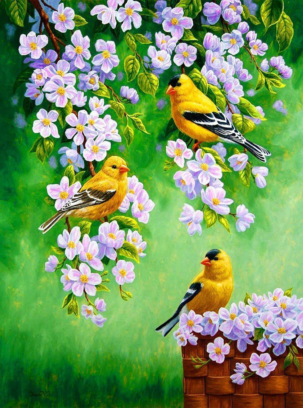 Paarse Bloemen en Drie Gele Vogels Diamond Painting