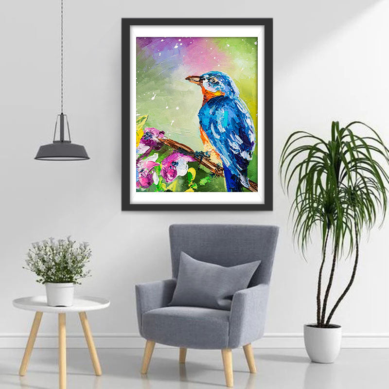 Paarse Bloemen en een Kolibrie op een Kleurrijke Achtergrond Diamond Painting