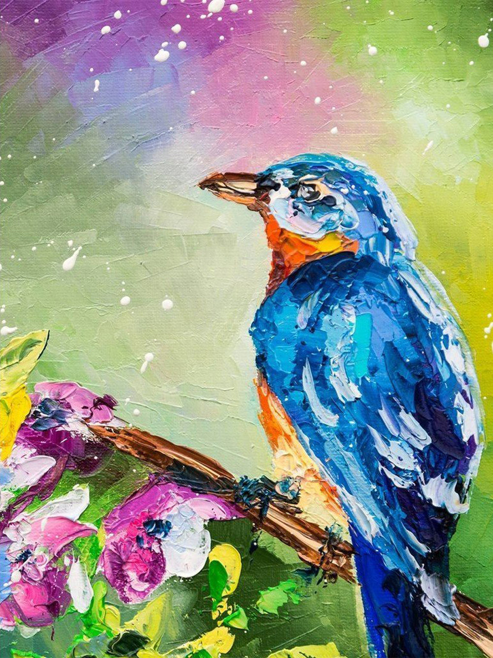 Paarse Bloemen en een Kolibrie op een Kleurrijke Achtergrond Diamond Painting
