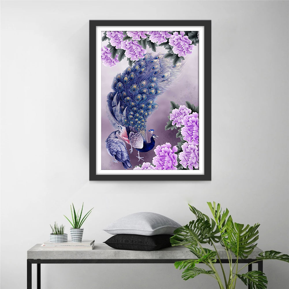 Paarse Bloemen en Pauwen Diamond Painting