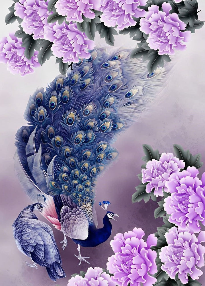 Paarse Bloemen en Pauwen Diamond Painting