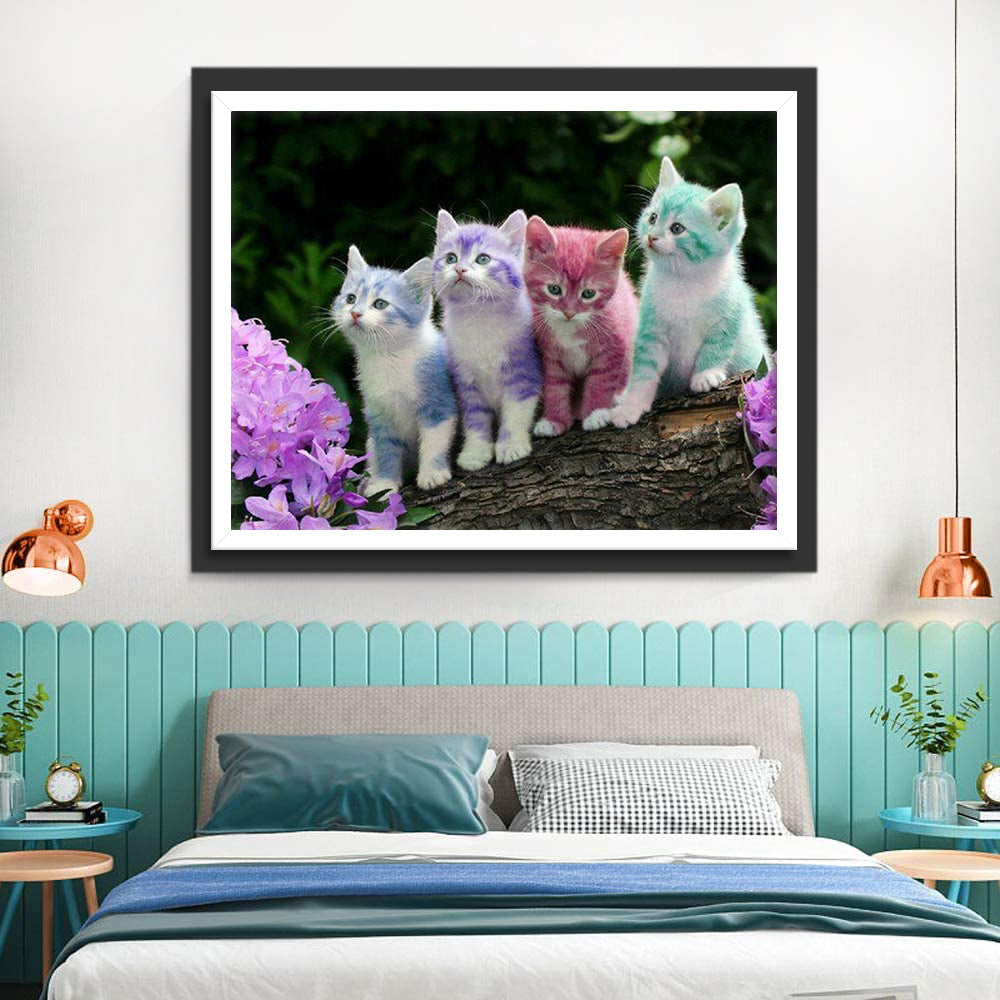 Paarse Bloemen en Vierkleurige Katten Diamond Painting