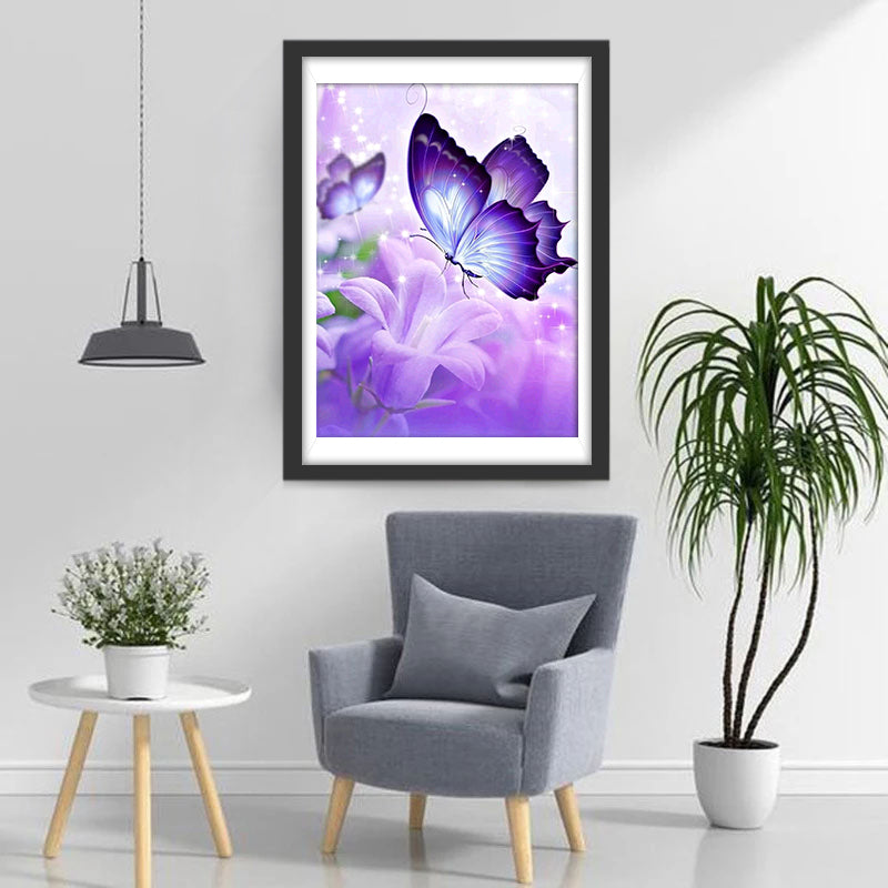 Paarse Bloemen en Vlinders Diamond Painting