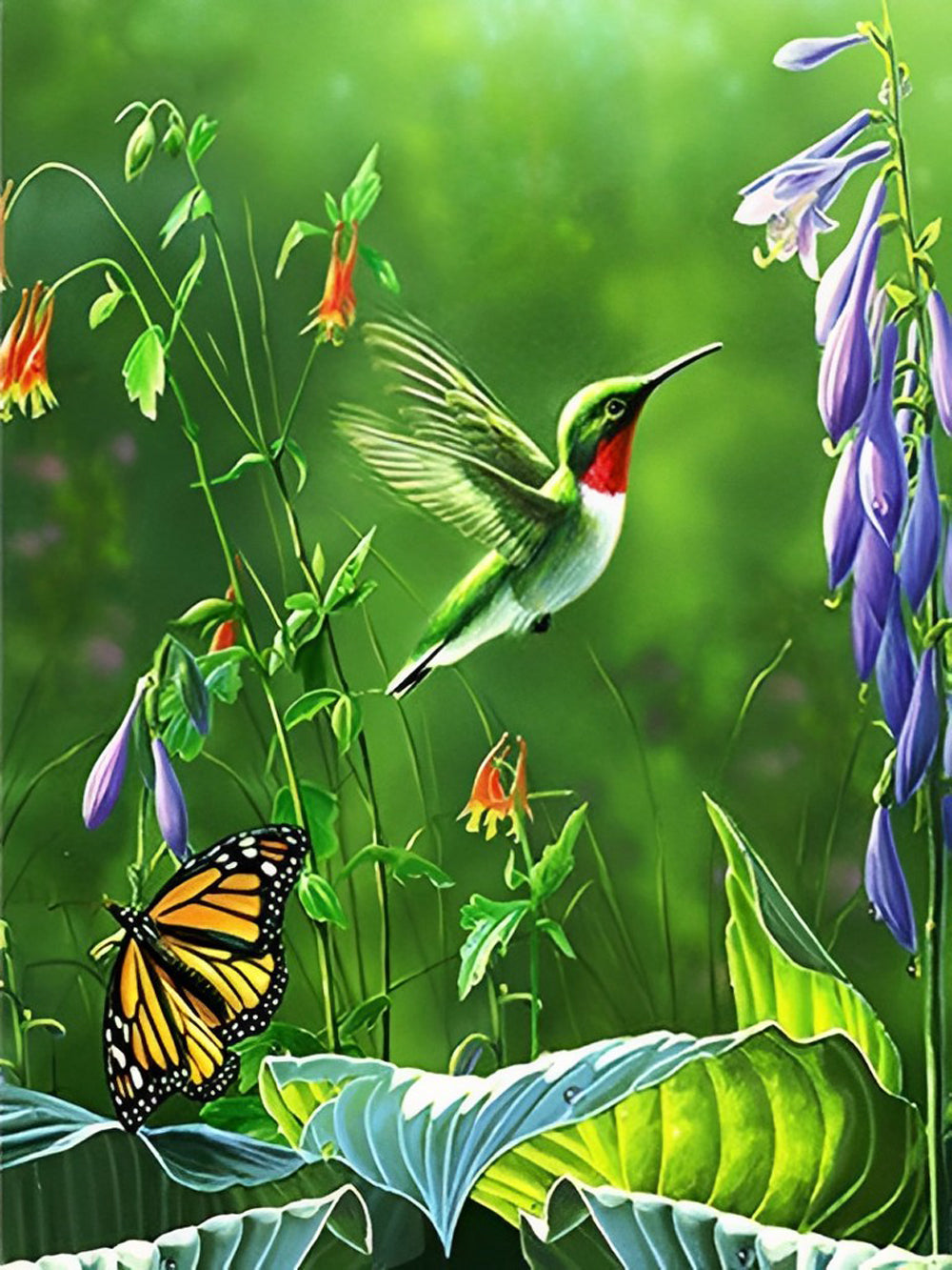 Paarse Bloemen, Vlinder en een Groene Vogel Diamond Painting