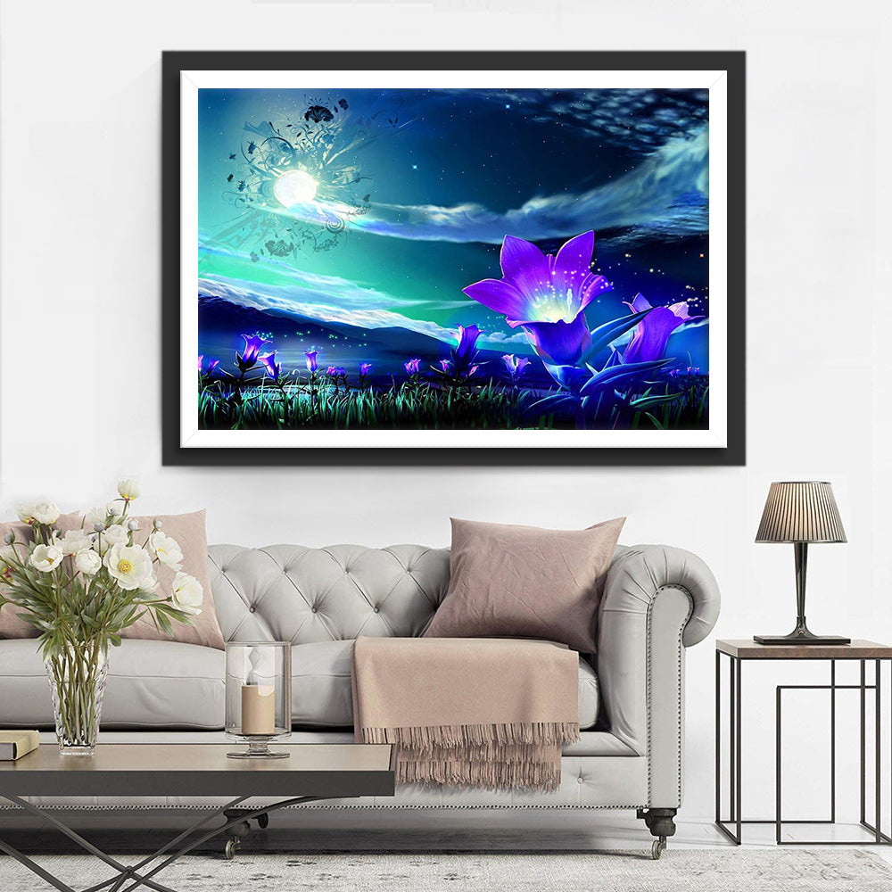Paarse Bloemenveld onder Sterrenhemel met Maanlicht Diamond Painting