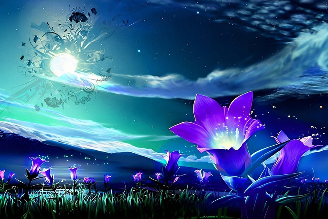 Paarse Bloemenveld onder Sterrenhemel met Maanlicht Diamond Painting