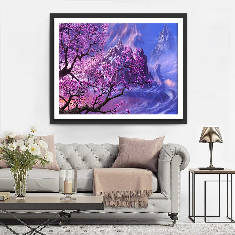 Paarse Bloemenweelde voor Mystieke Bergachtige Achtergrond Diamond Painting