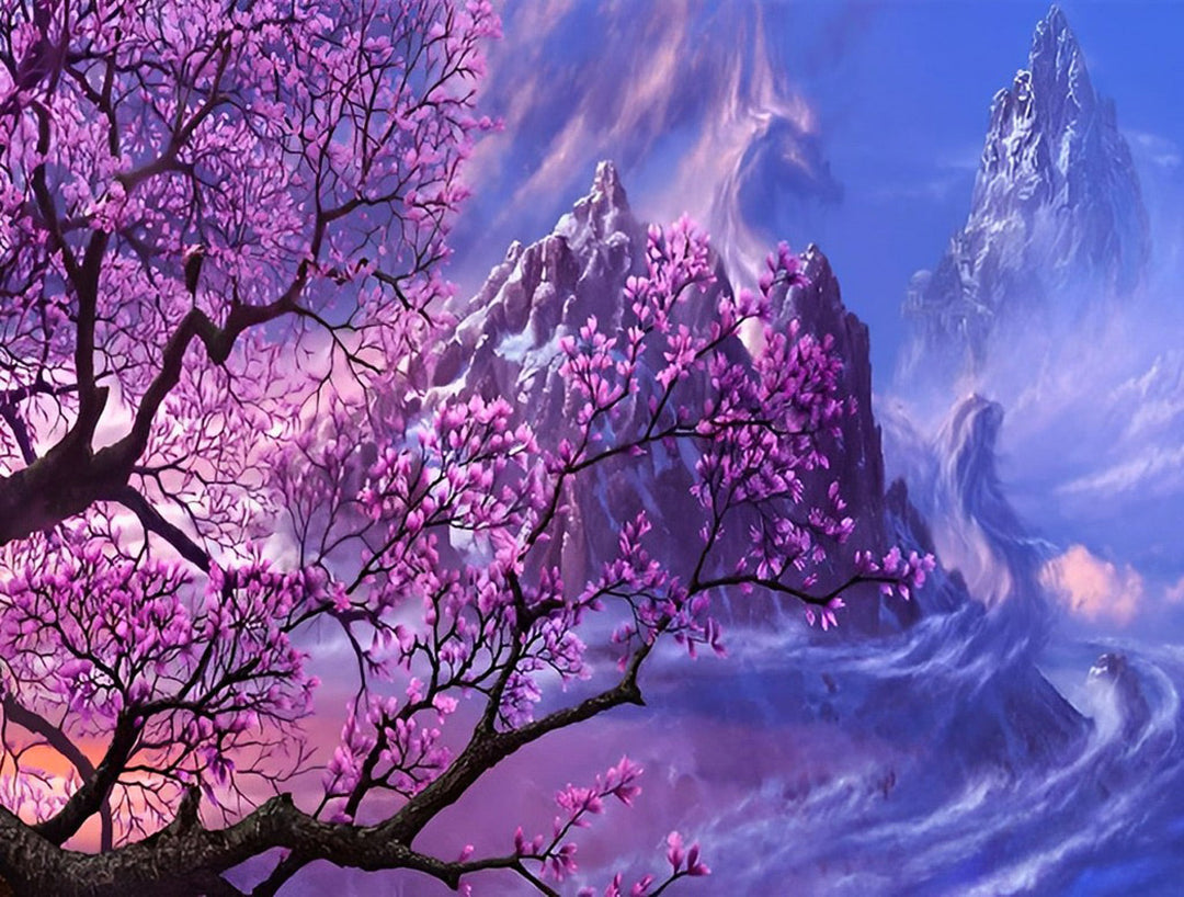 Paarse Bloemenweelde voor Mystieke Bergachtige Achtergrond Diamond Painting