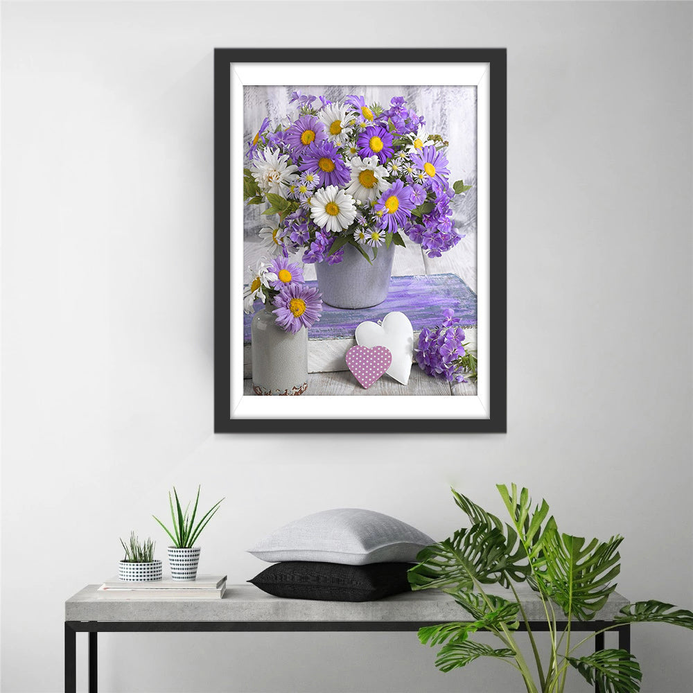 Paarse en Witte Bloemen in Zilveren Vaasjes Diamond Painting