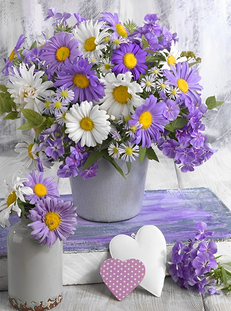 Paarse en Witte Bloemen in Zilveren Vaasjes Diamond Painting