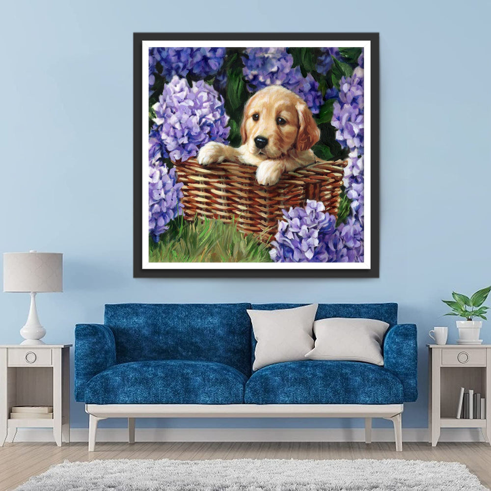 Paarse Hortensia en Golden Retriever in een Mand Diamond Painting
