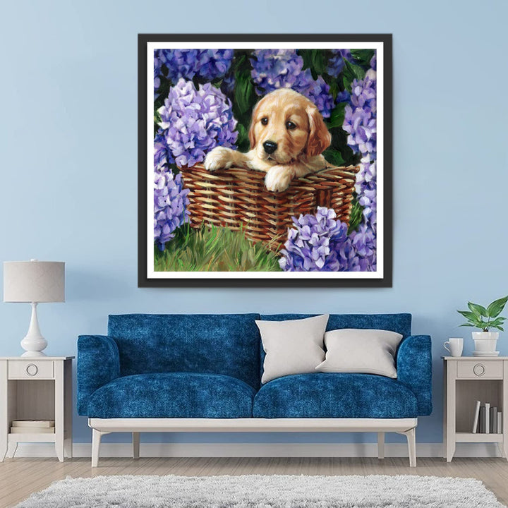 Paarse Hortensia en Golden Retriever in een Mand Diamond Painting
