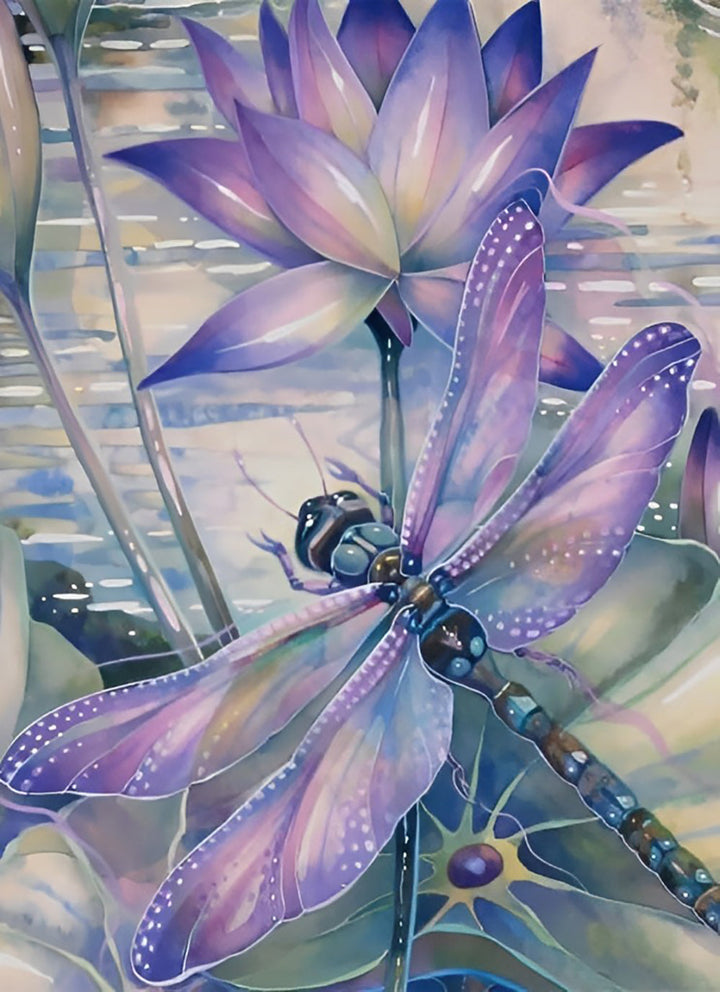 Paarse Lotusbloem en Libel Diamond Painting