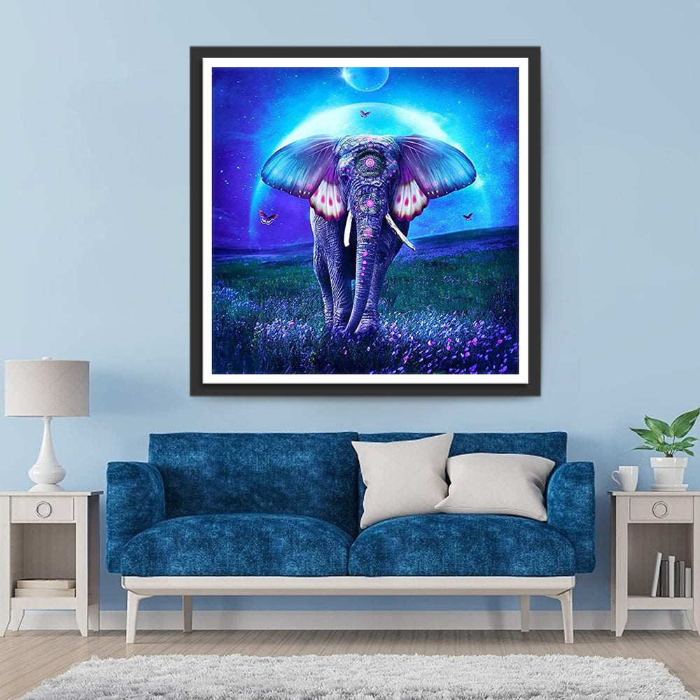 Paarse Olifant en Vlinders in het Bloemenveld Diamond Painting