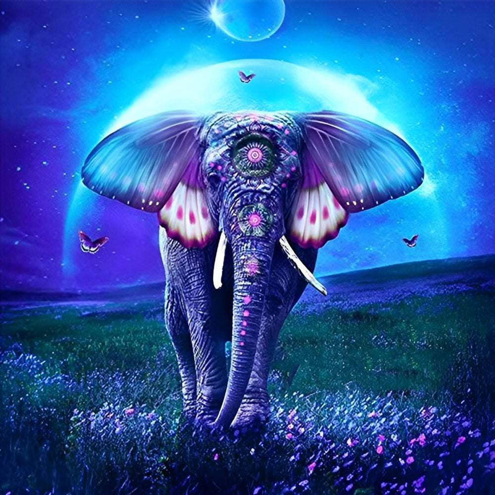 Paarse Olifant en Vlinders in het Bloemenveld Diamond Painting