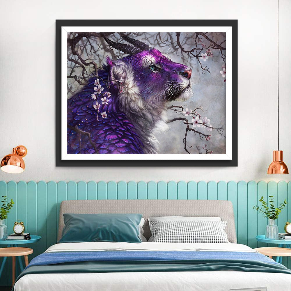 Paarse Tijger onder de Boom met Witte Bloemen Diamond Painting