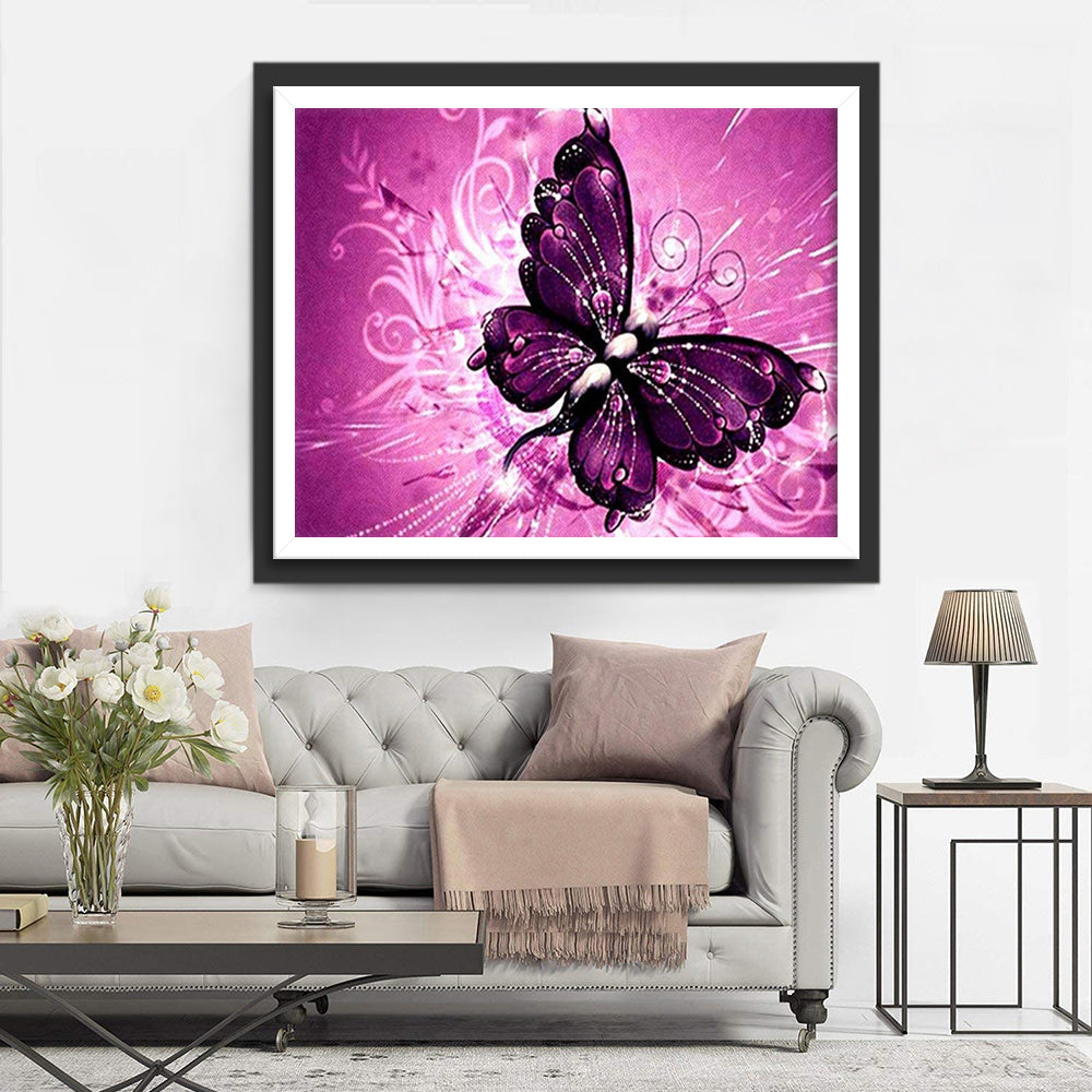Paarse Vlinder op Roze Achtergrond Diamond Painting