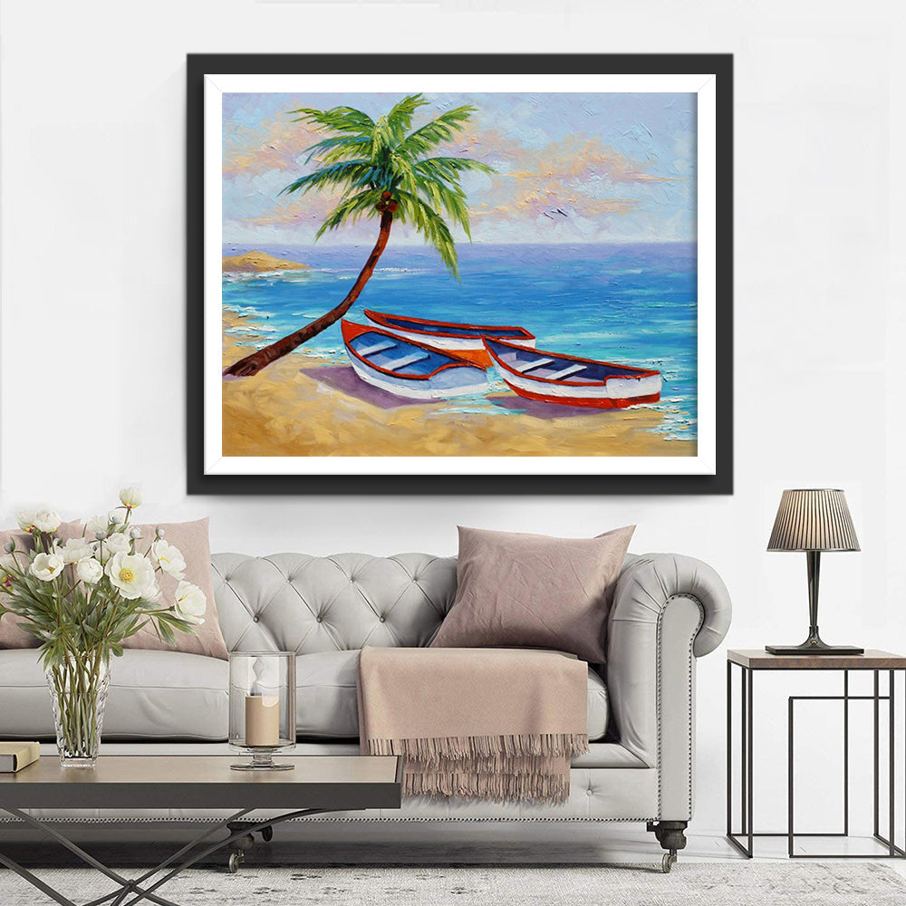 Palmen en Kleine Bootjes aan het Zandstrand Diamond Painting