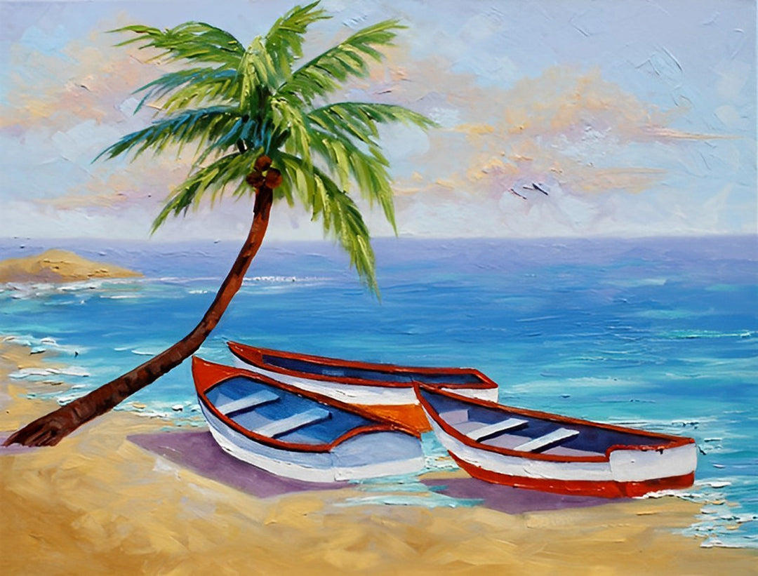 Palmen en Kleine Bootjes aan het Zandstrand Diamond Painting