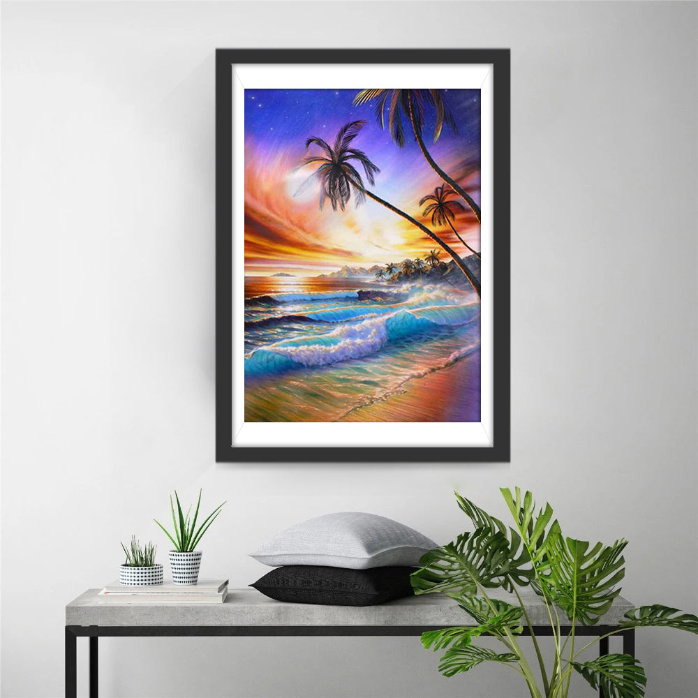 Palmen en Zee in Roze-Oranje Avondgloed Diamond Painting