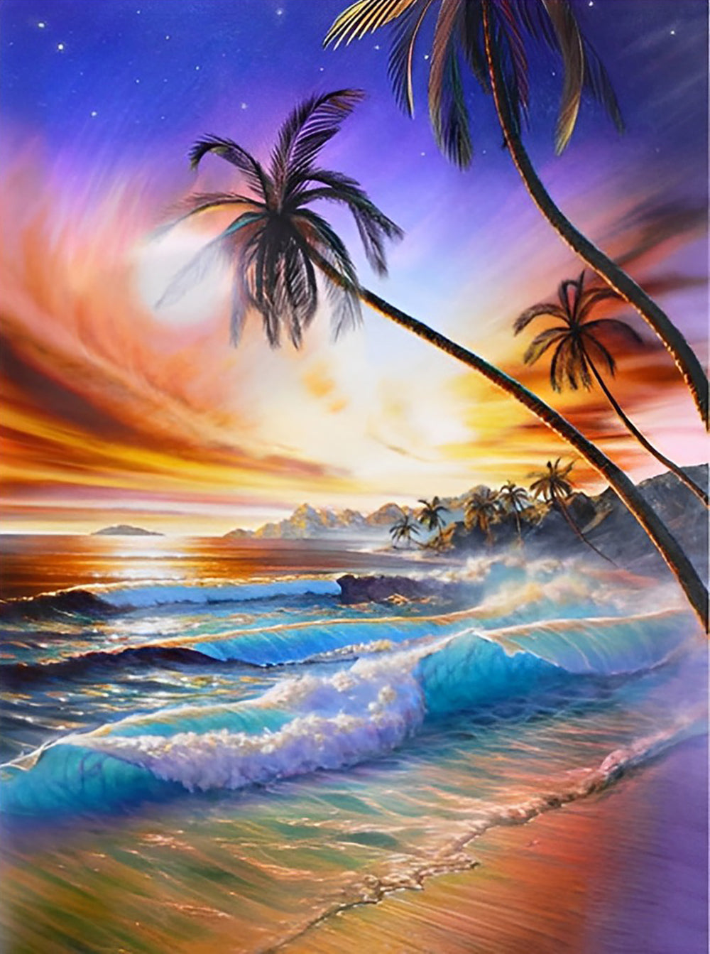 Palmen en Zee in Roze-Oranje Avondgloed Diamond Painting