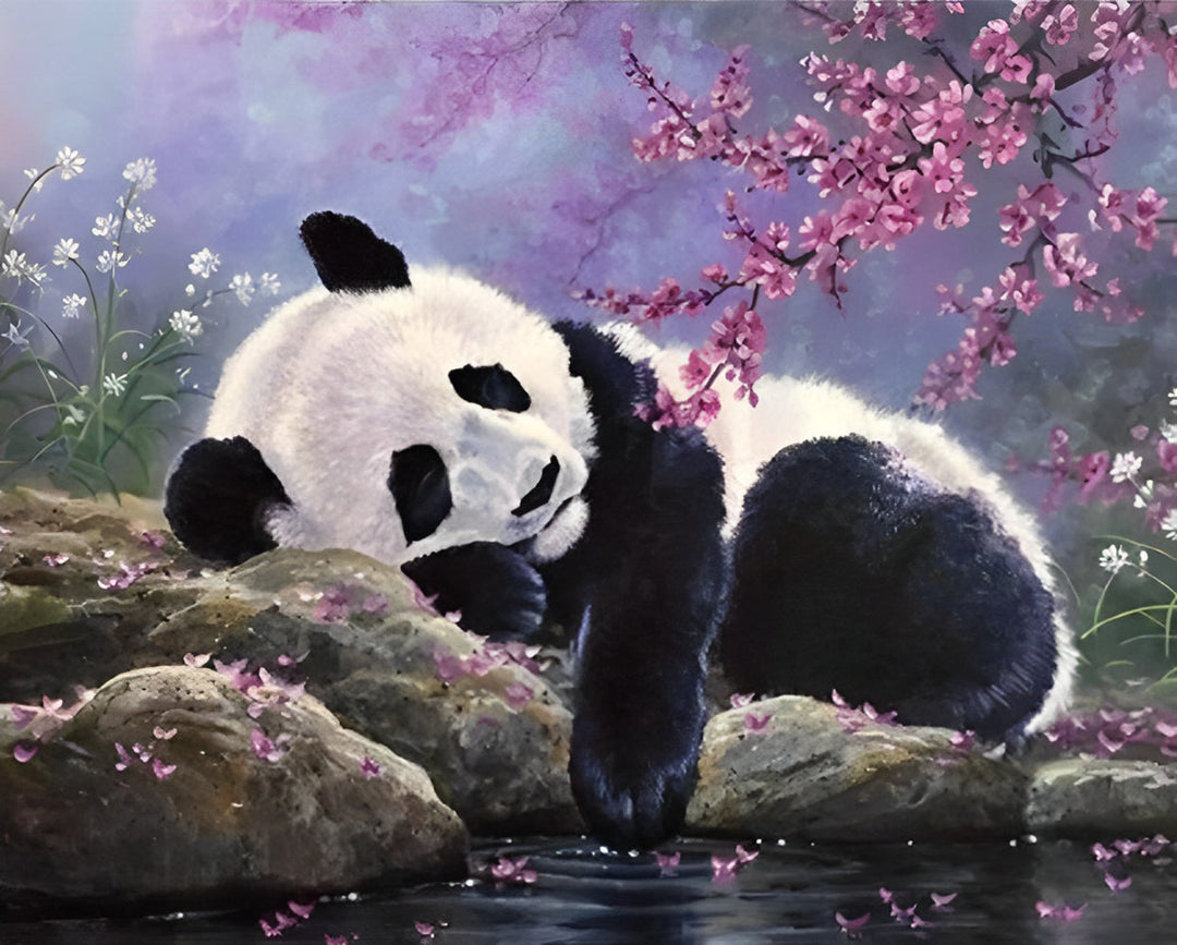 Panda onder een Bloeiende Boom aan de Oever van een Beek Diamond Painting
