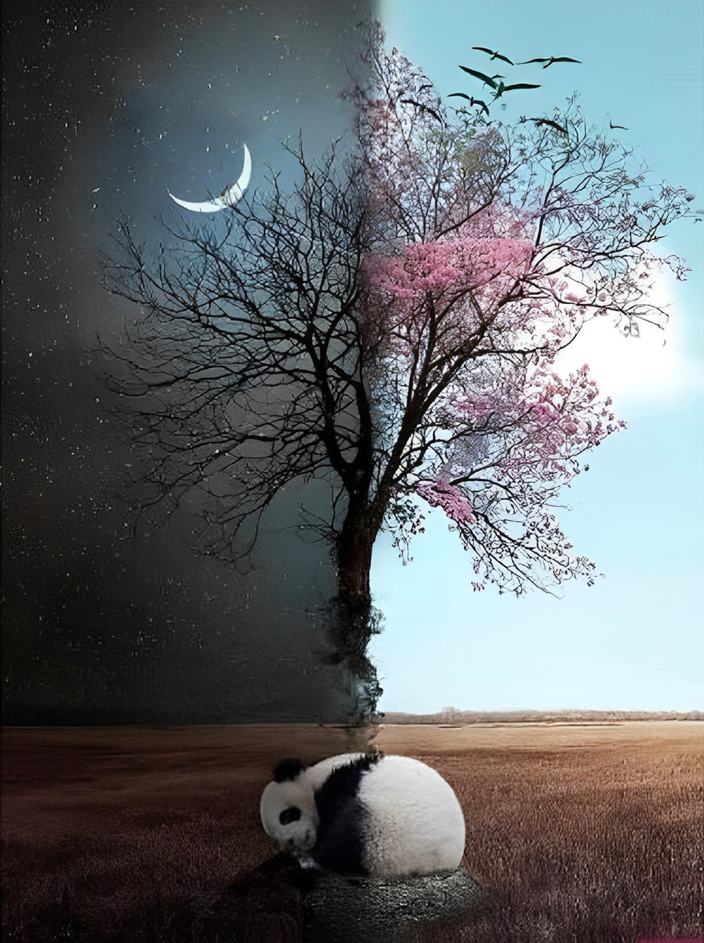 Panda voor een Perzikbloesemboom Diamond Painting