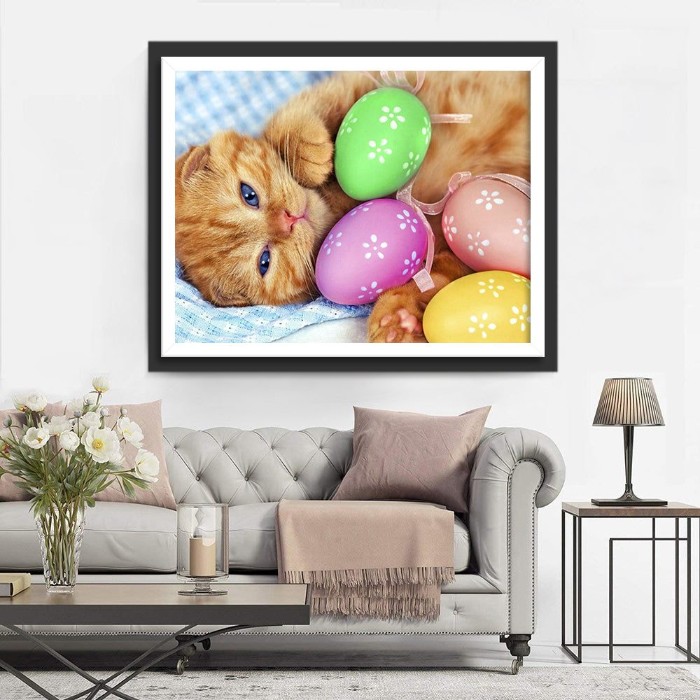 Pasen Vierend Kitten met Versierde Eieren Diamond Painting