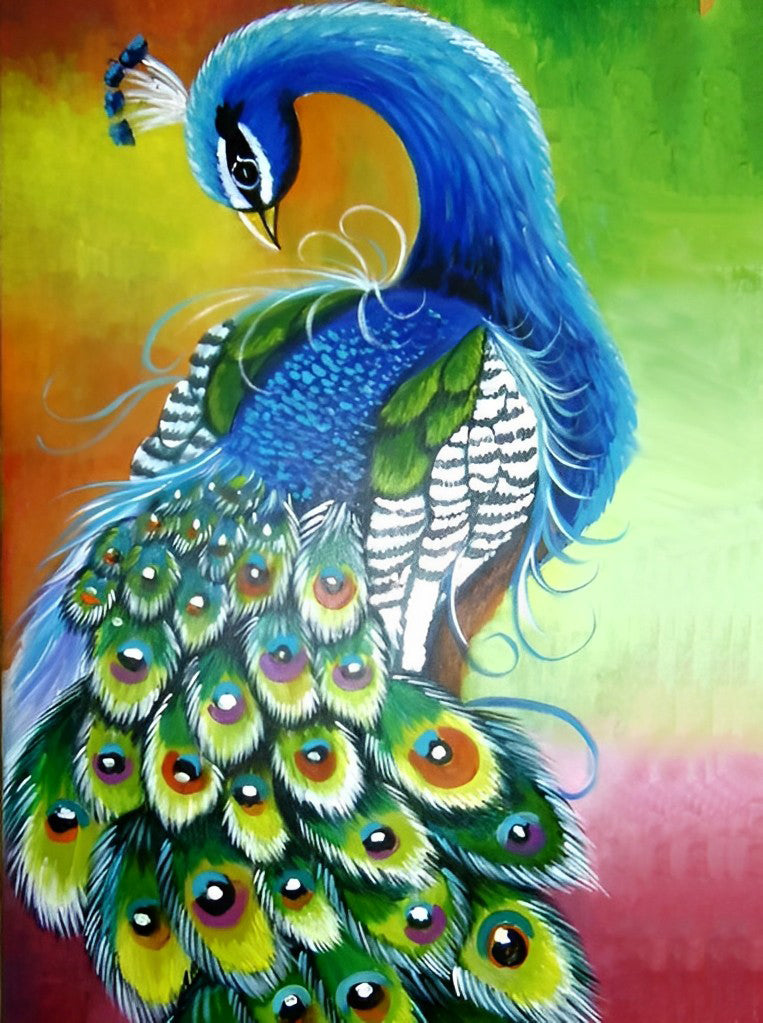 Pauw met Gebogen Hoofd tegen een Gekleurde Achtergrond Diamond Painting