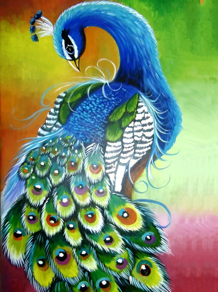 Pauw met Gebogen Hoofd tegen een Gekleurde Achtergrond Diamond Painting