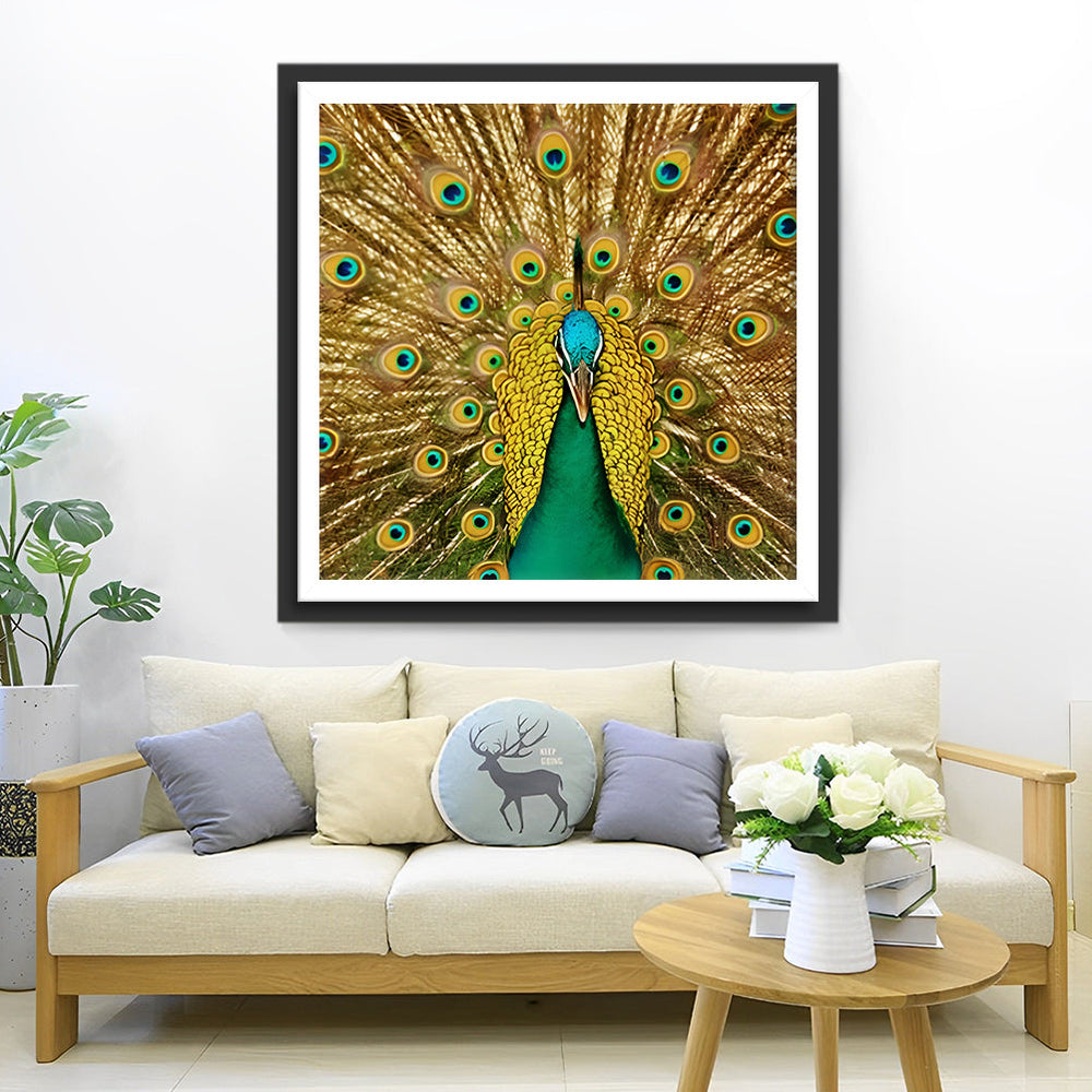 Pauw met Goudgroene Veren Diamond Painting