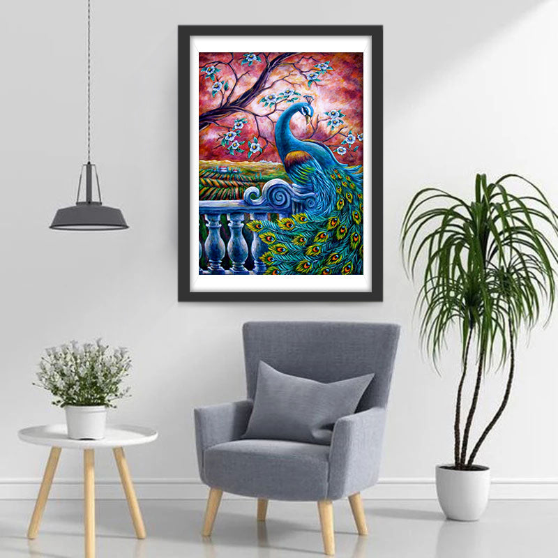 Pauw onder de Blauwe Bloemenboom Diamond Painting