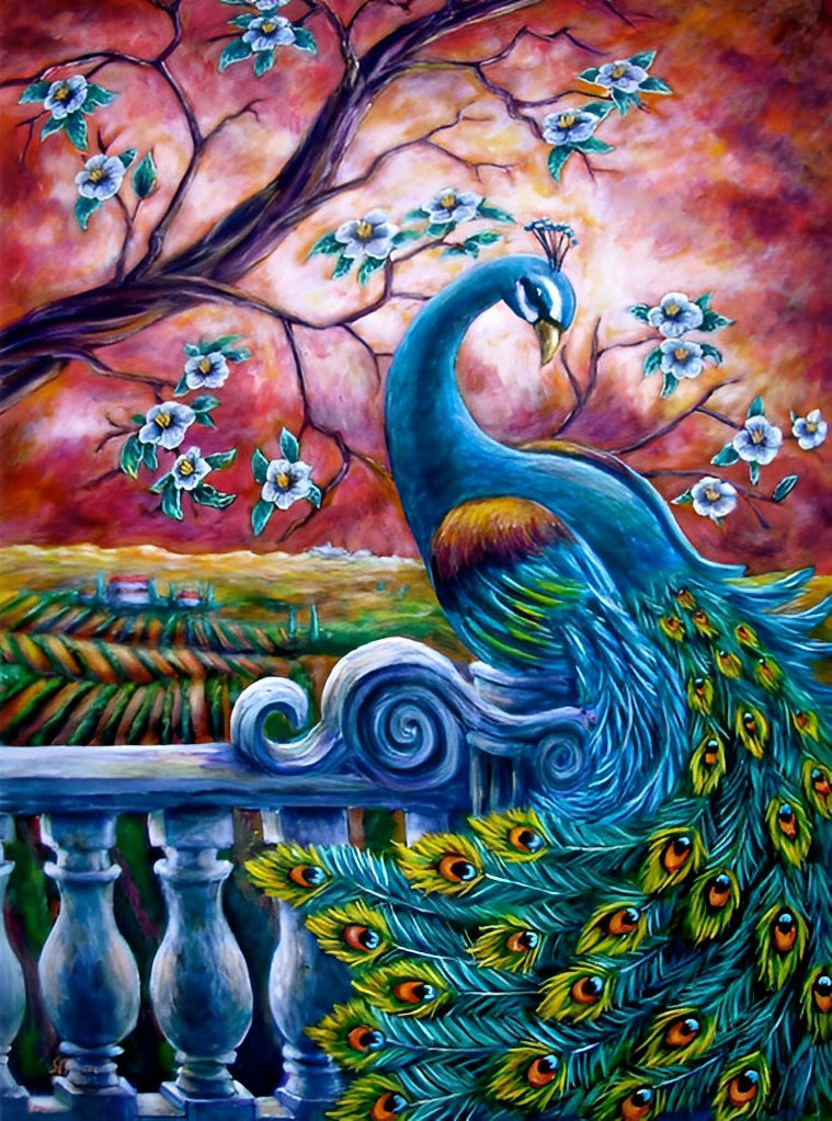 Pauw onder de Blauwe Bloemenboom Diamond Painting
