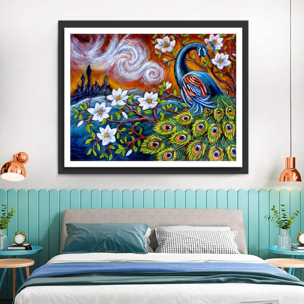 Pauw op de Tak met Witte Bloemen Diamond Painting