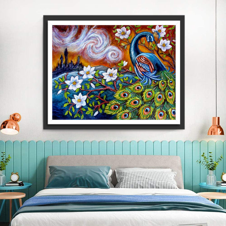 Pauw op de Tak met Witte Bloemen Diamond Painting