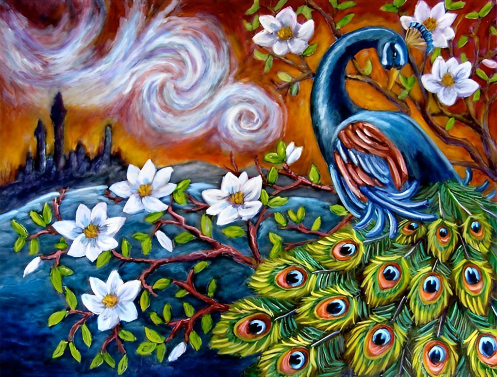 Pauw op de Tak met Witte Bloemen Diamond Painting