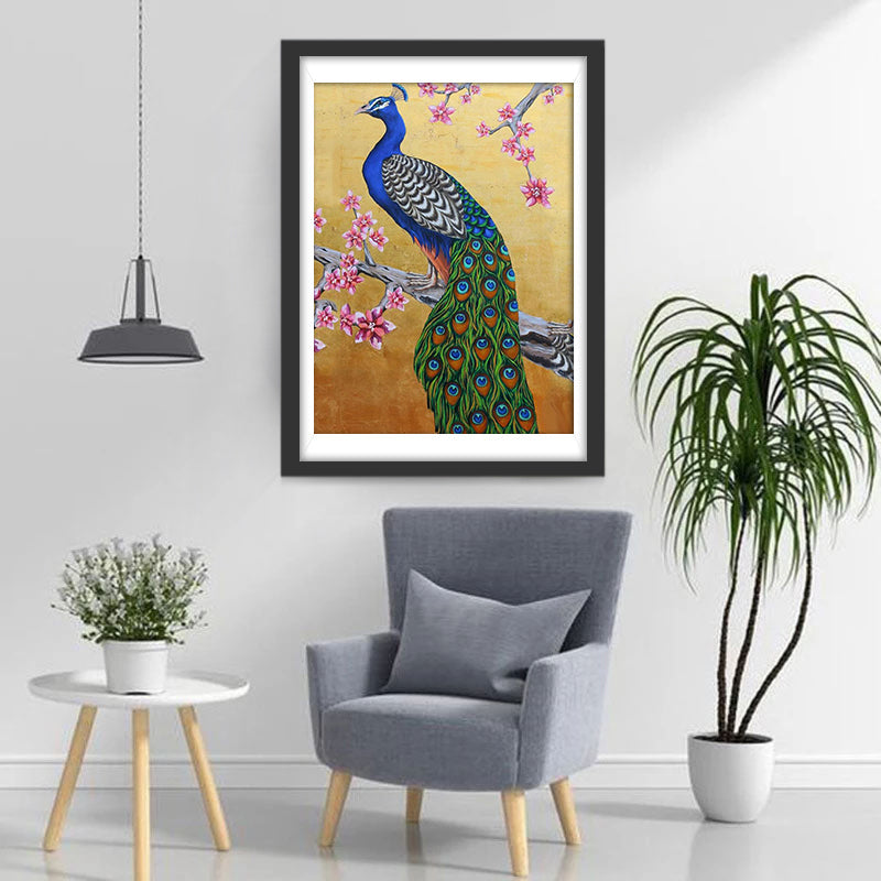 Pauw op een Roze Bloeiende Tak Diamond Painting