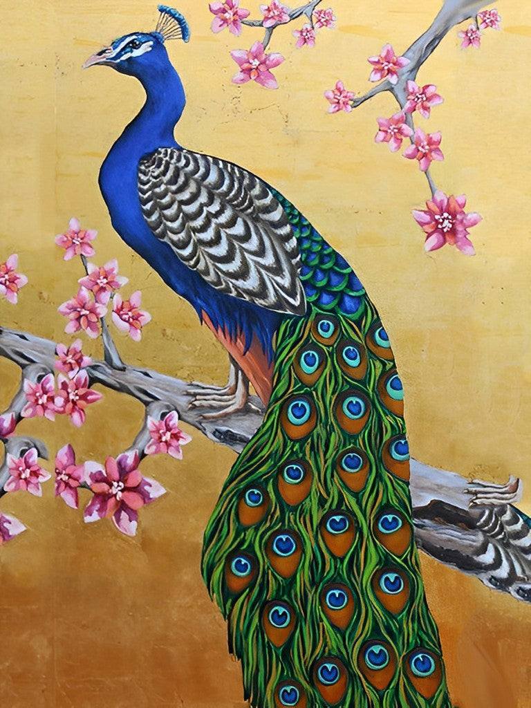 Pauw op een Roze Bloeiende Tak Diamond Painting