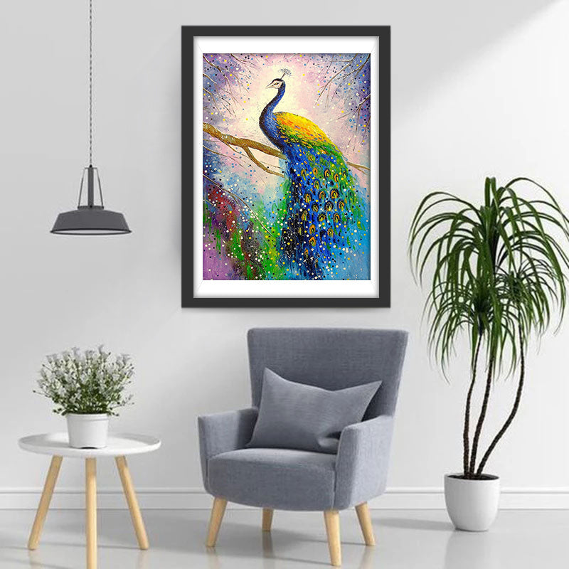 Pauw op een Tak tegen een Achtergrond van Gekleurde Vlekken Diamond Painting